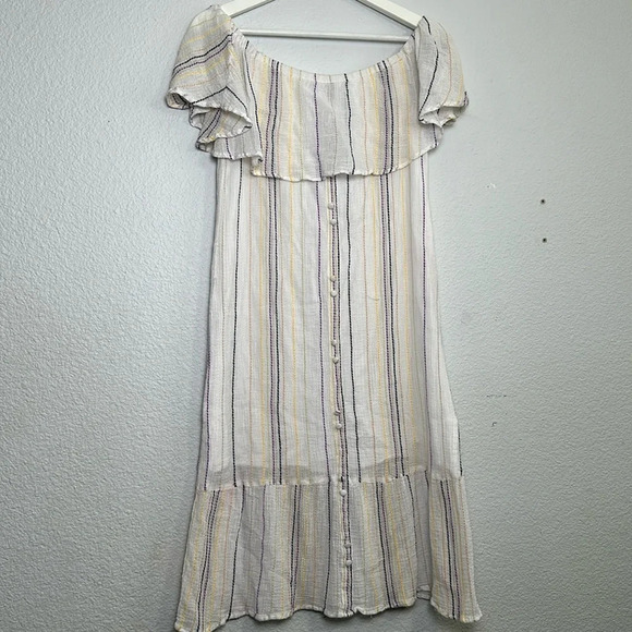 Michael Stars Crinkle Gauze Embroidered Beach Striped Ruffle Hem MidiDress Small - Picture 1 of 9